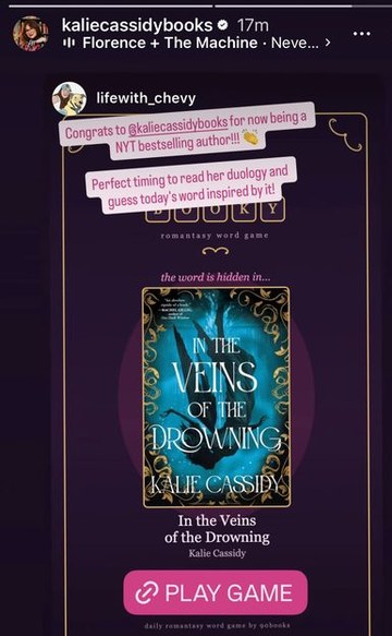 Kalie Cassidy resharing her Booky feature day to her Instagram story, showing the card for In the Veins of the Drowning