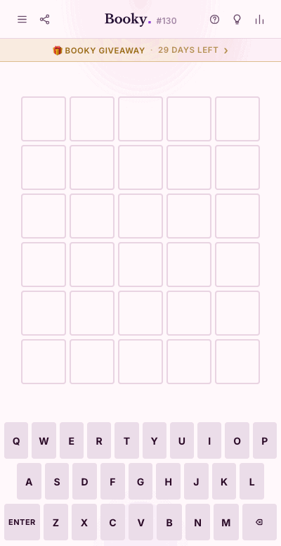 Booky with a giveaway running: a gold giveaway strip sits above the board and opens to The Knave and the Moon by Rachel Gillig. A player guesses CROWN, FATED, then GHOST, and the win screen reveals Weavingshaw by Heba Al-Wasity with a Get it on Amazon link and the giveaway below it